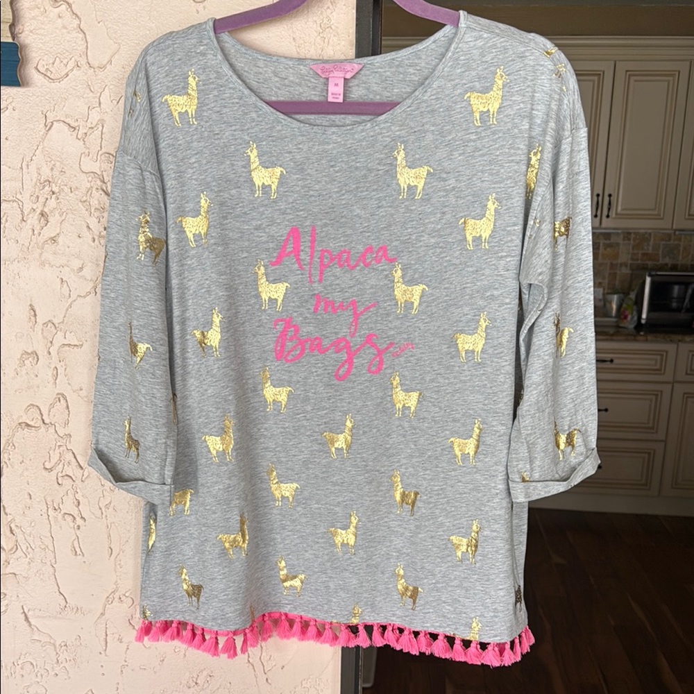 Lilly Pulitzer Gray Top with Gold Alpacas and Pink Accents
